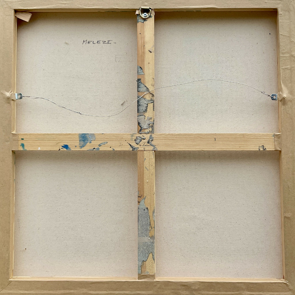 Toile encadrée Peinture MELEZE, dos beige avec marquage et traverses en bois.