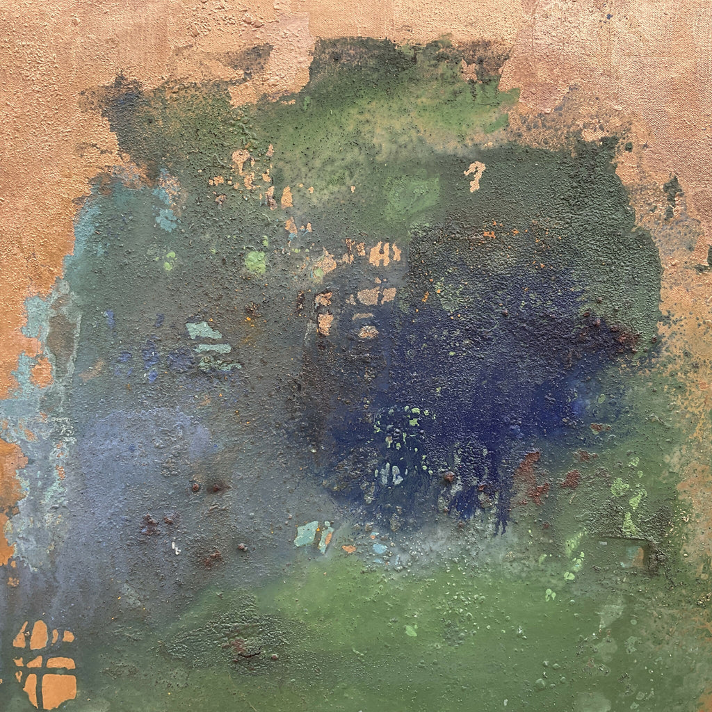 Peinture MELEZE abstraite à texture, bleu nuit, vert mousse et lueurs ocre.