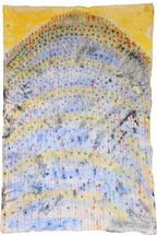 Tissu rectangulaire à motifs abstraits, bord jaune, dégradé bleu-gris et points multicolores