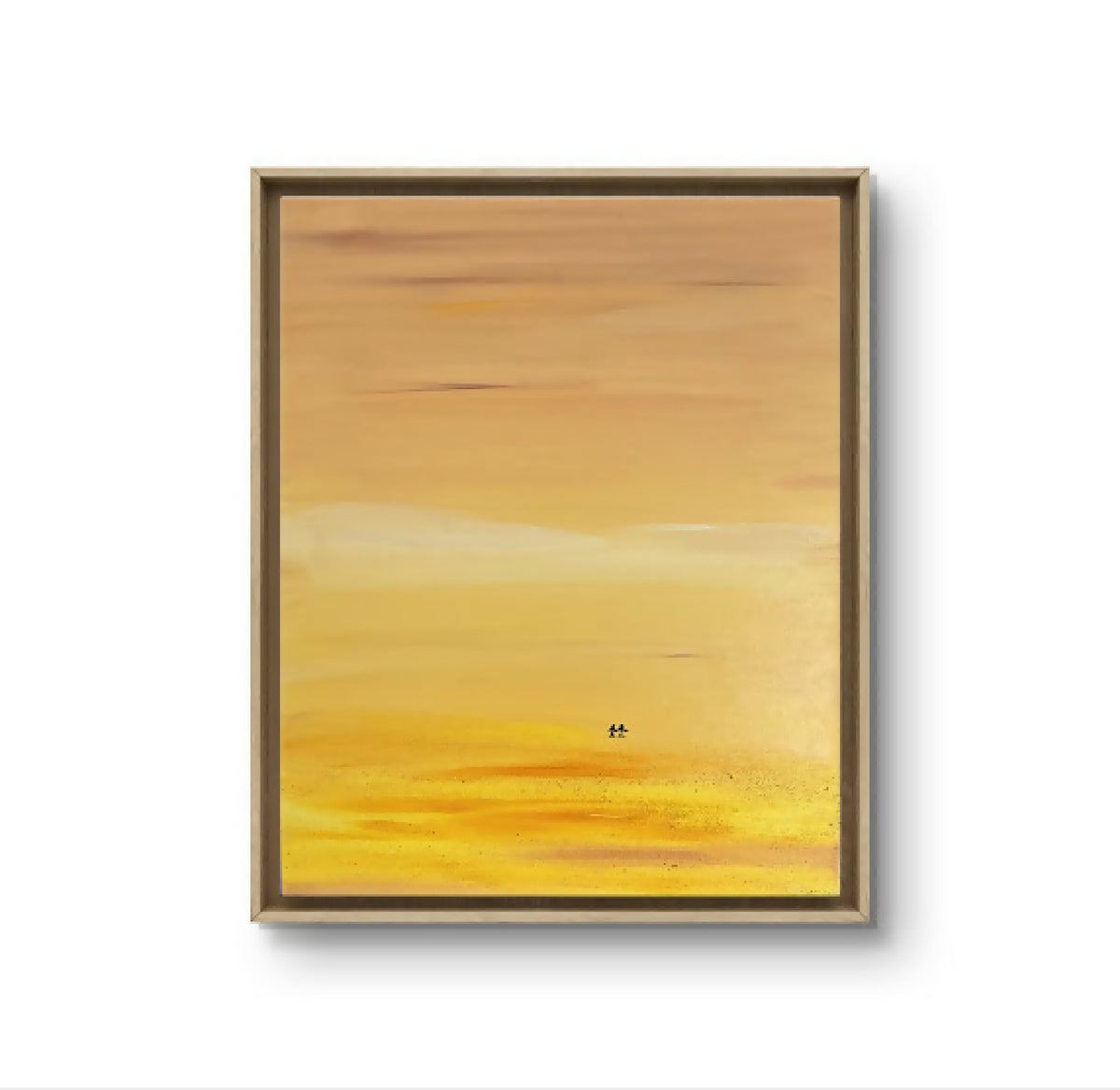Tableau abstrait encadré, dégradé jaune et beige évoquant un rivage