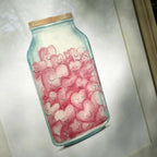 Affiche avec bocal en verre bleu rempli de cœurs roses et inscription discrète