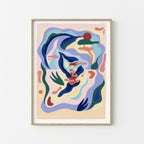 Affiche artistique encadrée, illustration abstraite aux formes fluides bleu et vert.