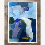 Tableau abstrait Foneas aux aplats bleus, blancs et verts, composition asymétrique sur fond clair