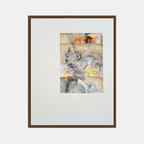 Tableau abstrait en cadre marron, composition grise, orange et jaunes sur fond clair
