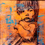 Gros plan du portrait stylisé à l’encre noire, fond orange avec touches bleues