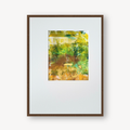 Tableau encadré brun avec impression abstraite vert, jaune et brun, format carré