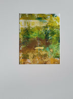 Tableau encadré : impression abstraite vert, jaune et brun, touches texturées