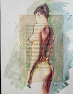 Tableau nu : silhouette féminine dessinée, avec encres rouges et détails bleu-vert sur papier.