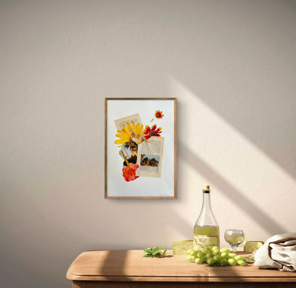 Petit tableau encadré bois avec collage de tournesol et fleurs rouges/orangées