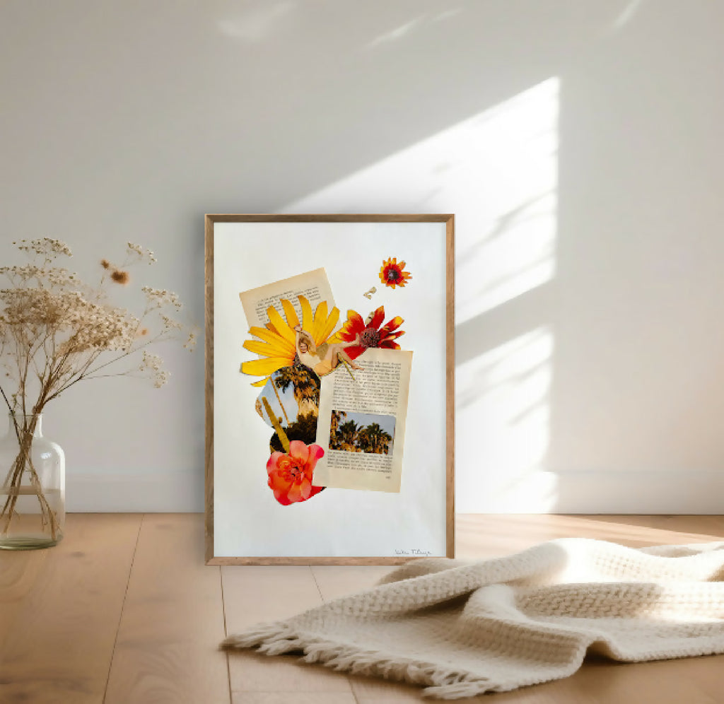 Tableau encadré bois rectangulaire : fleurs jaunes et rouges en collage sur fond clair