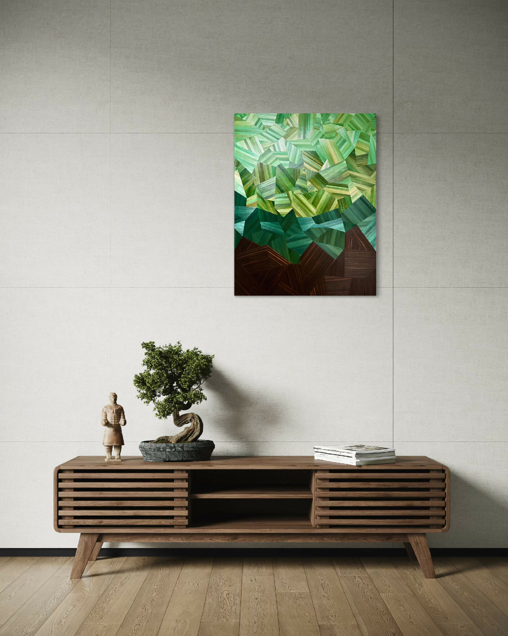 Tableau abstrait vert avec motifs géométriques en relief, base brun foncé, cadre noir.