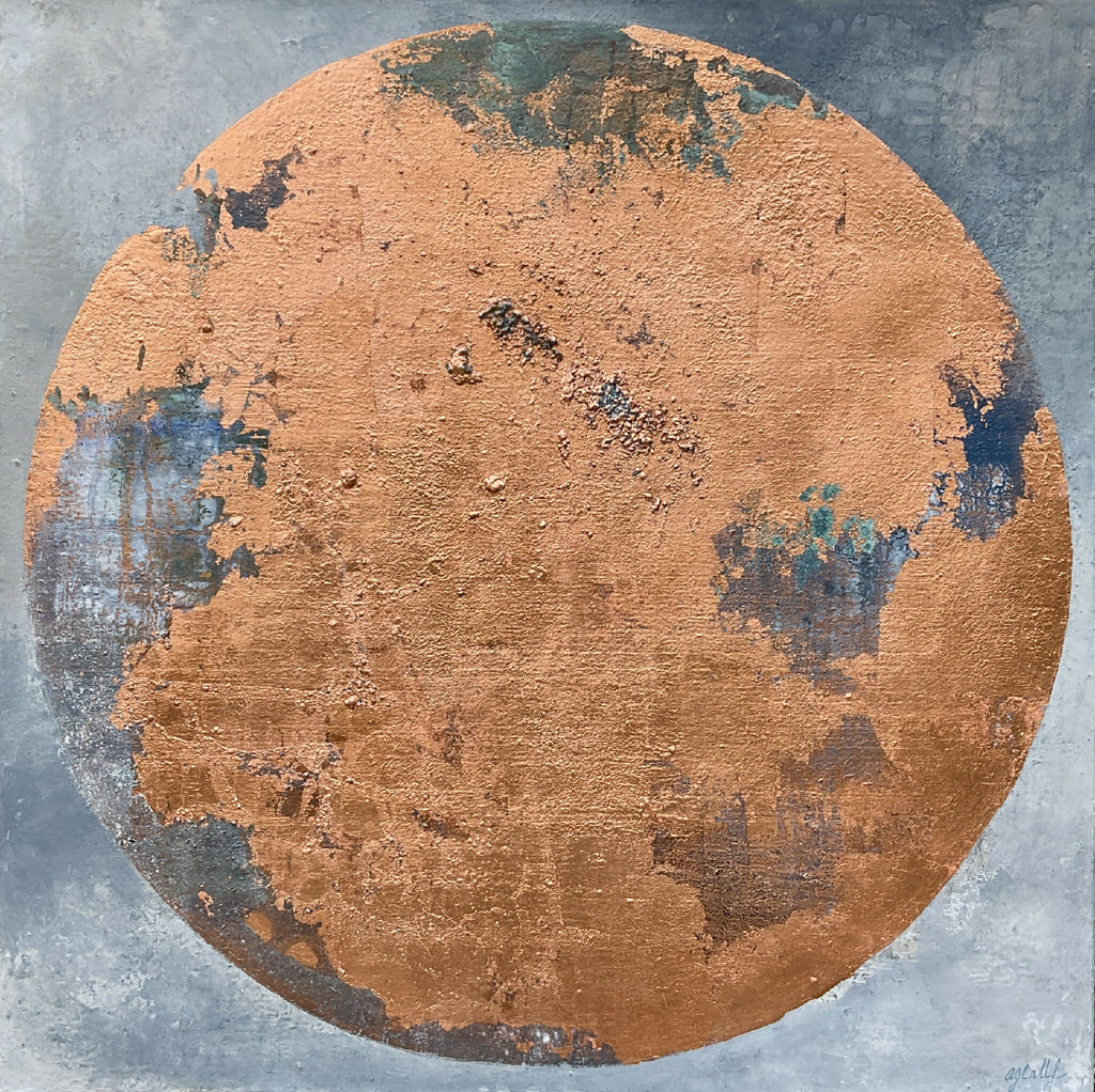 Tableau SÉLÉNÉ rond, fond orangé et bleu, texture picturale patinée