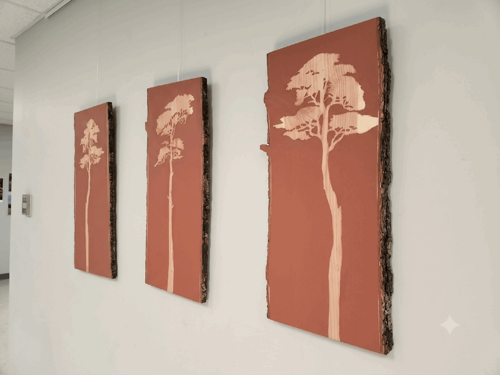 Triptyque Méditerranée : 3 panneaux verticaux sur toile, fond terracotta, arbre blanc