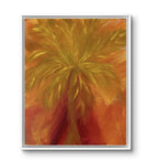 Tableau palmier tropical sur toile, couleurs ocre, jaune et rouge, encadrement argenté