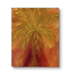 Toile tableau palmier tropical, fond ocre, feuilles jaunes et rouges, format carré