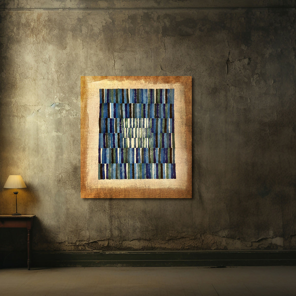 Tableau abstrait encadré, motifs géométriques en bandes bleu et vert