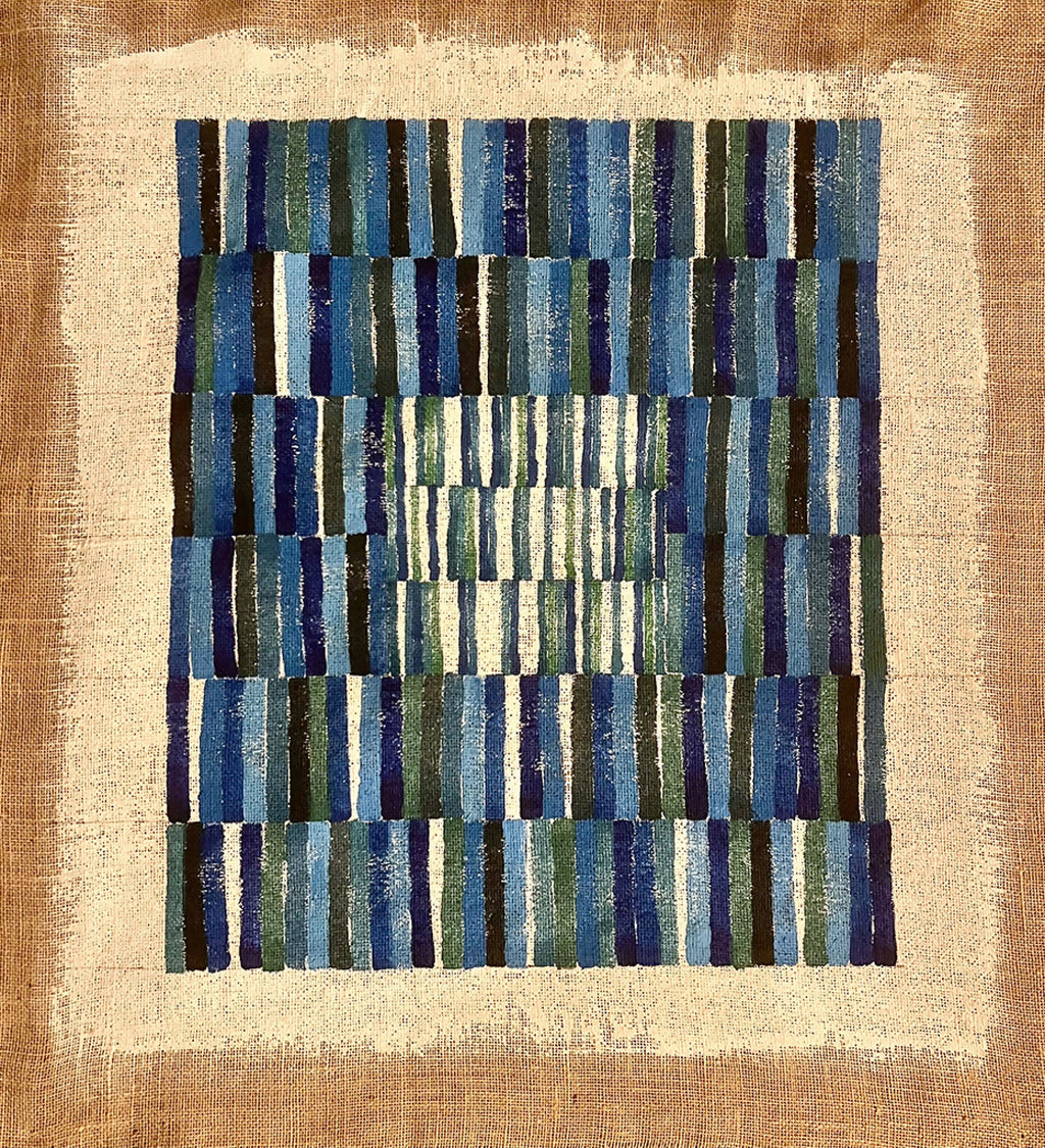 Tableau abstrait encadré, grille de bandes verticales bleu, vert et blanc
