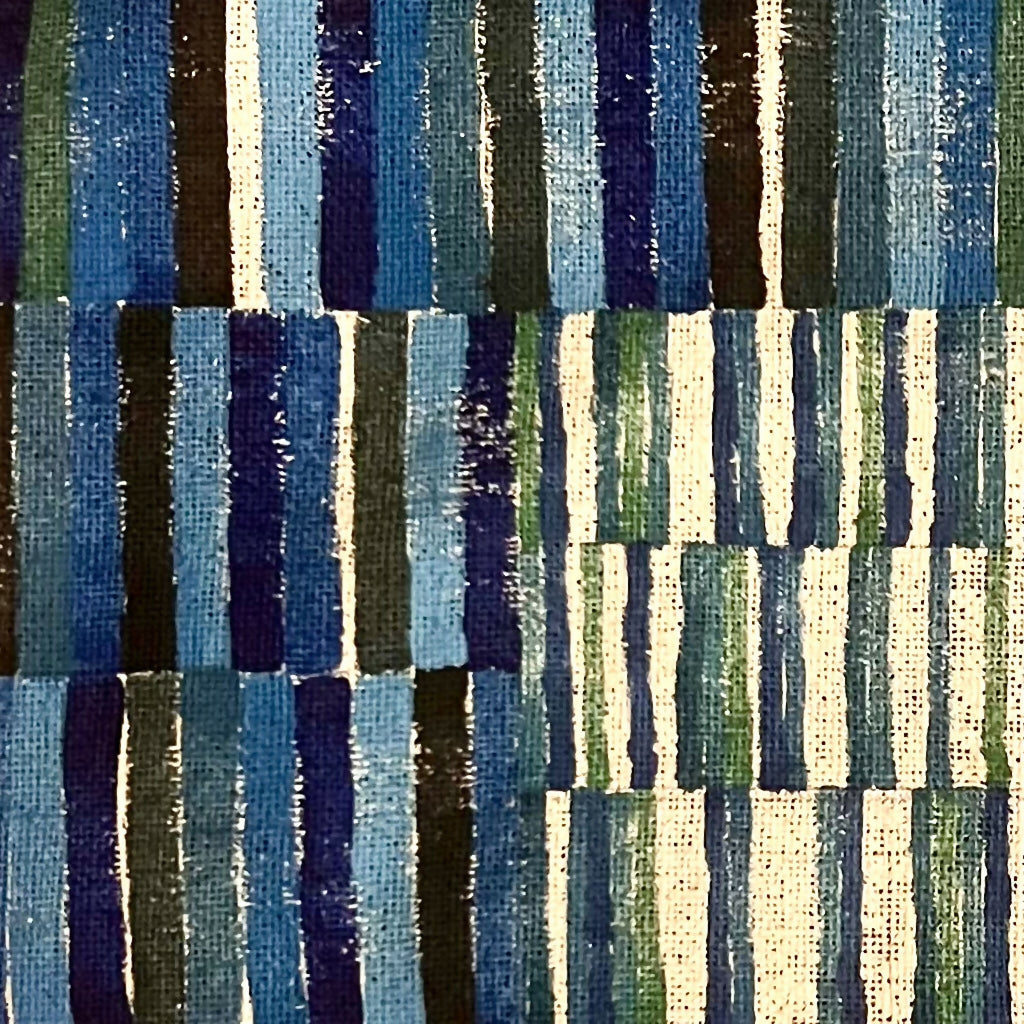 Détail de tableau abstrait: bandes verticales bleu nuit, vert et blanc