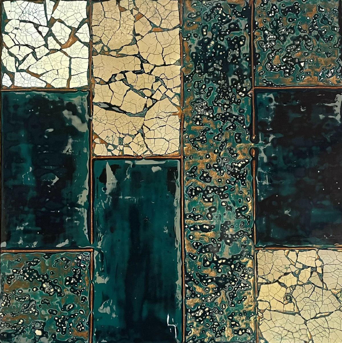 Panneau textile abstrait en patch à motifs craquelés, vert foncé