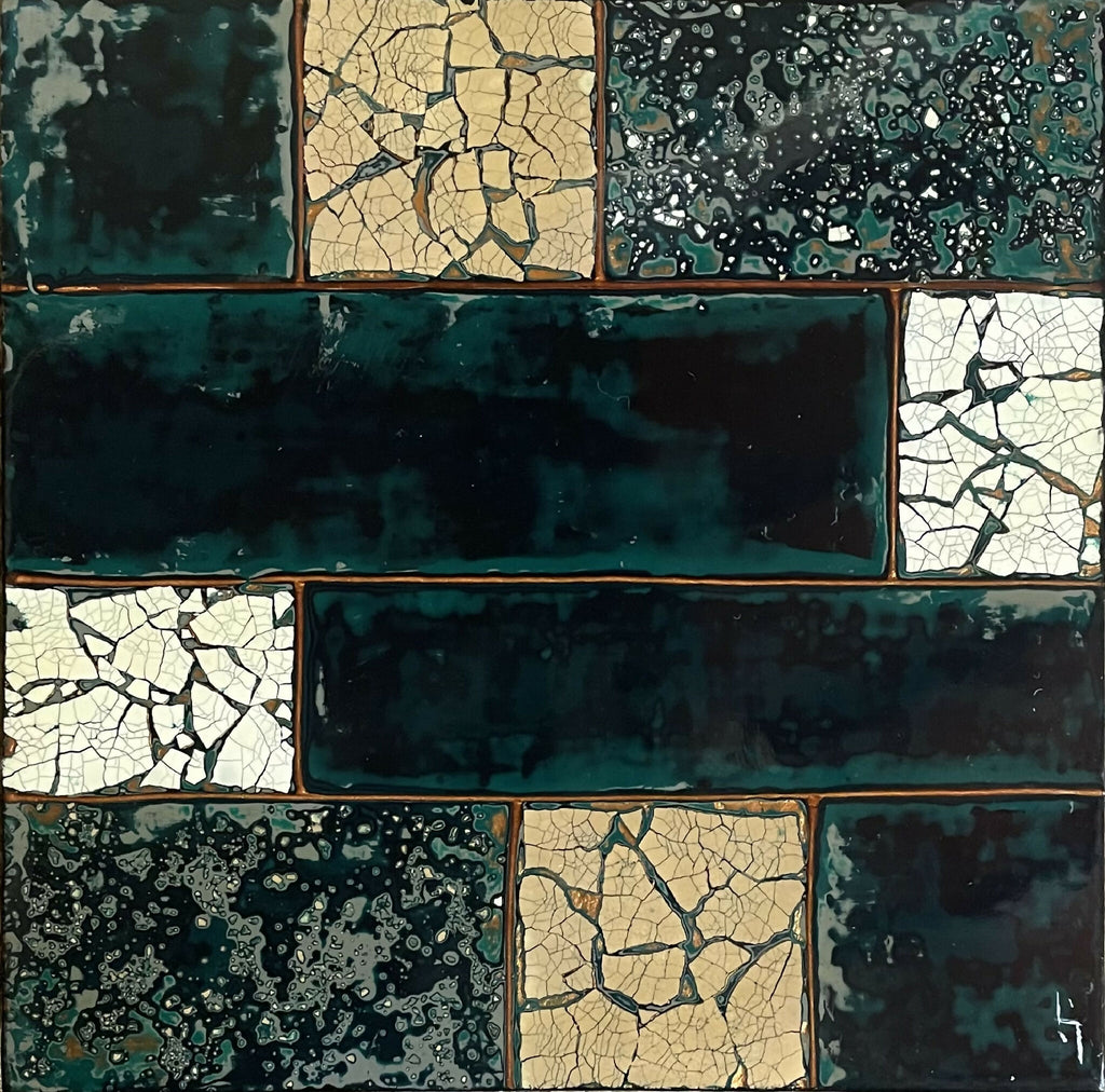 Panneau décoratif en mosaïque, carrés vert foncé et turquoise, bordures dorées