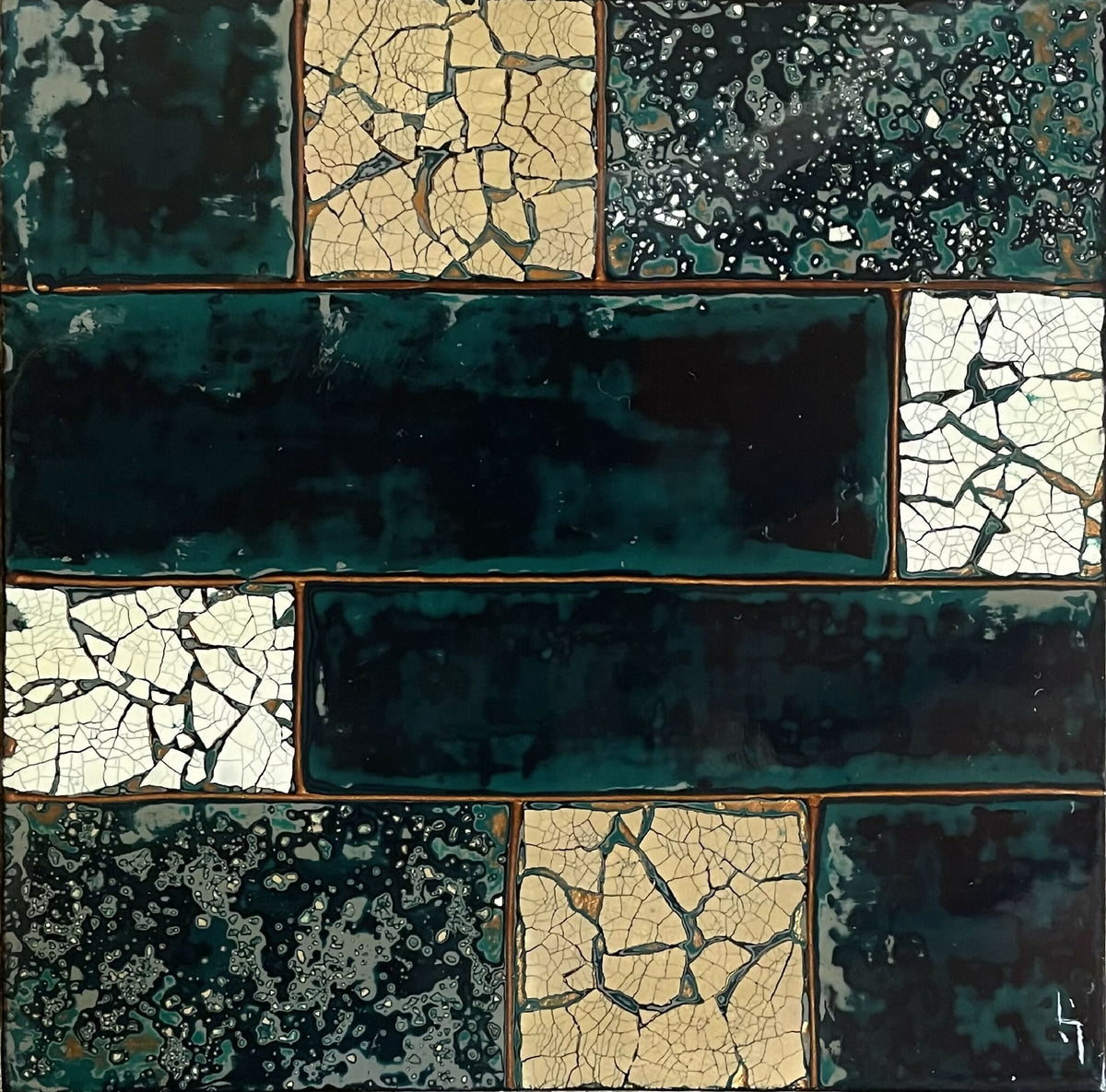 Panneau décoratif en mosaïque, carrés vert foncé et turquoise, bordures dorées