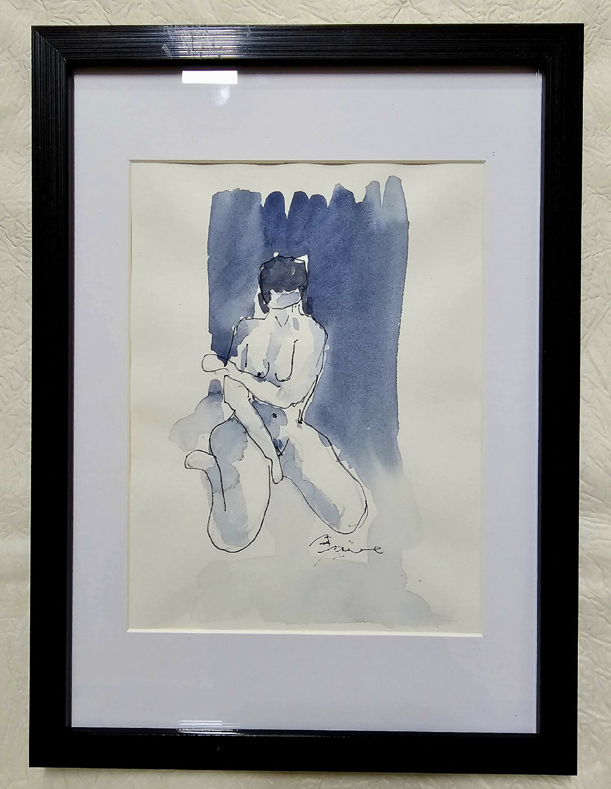 Dessin original Adéle encadré, illustration d’une femme en robe blanche et fond bleu