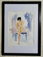 Dessin original Aurélie : femme assise en aquarelle, dans un cadre noir