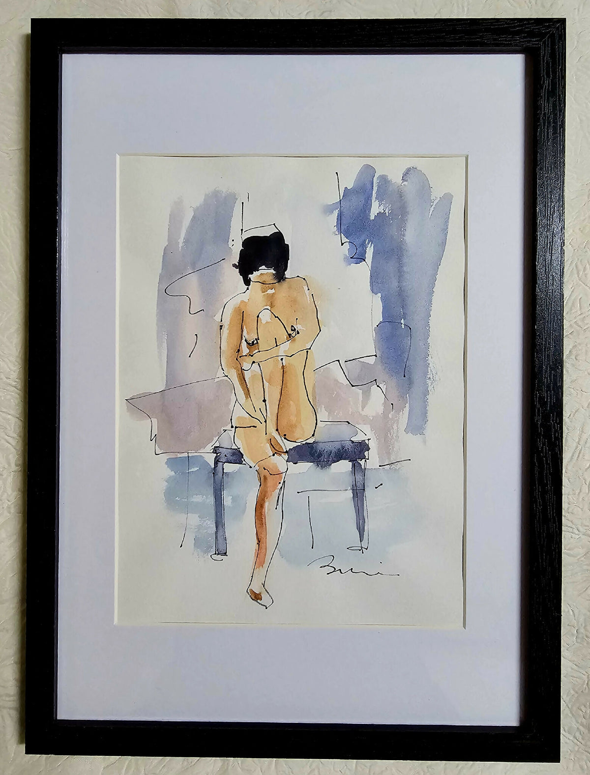 Dessin original Aurélie : femme assise en aquarelle, dans un cadre noir