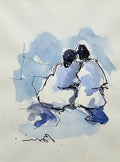 Dessin aquarelle : silhouettes bleu/noir enlacées, traits fins et aplats bleus.