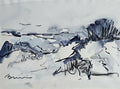 Dessin original encre bleue, paysage abstrait de dune avec oiseaux.