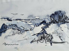 Dessin original encre bleue, paysage abstrait de dune avec oiseaux.