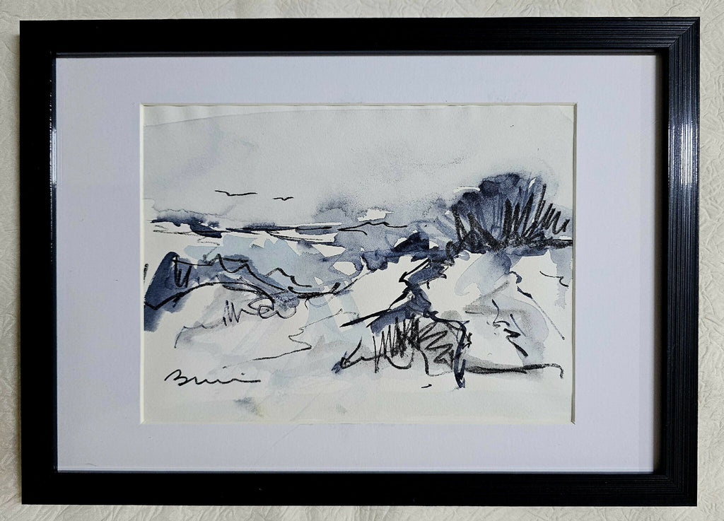 Dessin original encadré, paysage de dune à l’encre bleue et traits noirs.