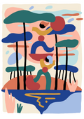 Digigraphie abstraite avec silhouettes sous des formes d’arbres et parapluies, couleurs vives.