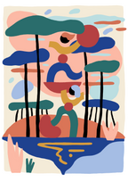 Digigraphie abstraite avec silhouettes sous des formes d’arbres et parapluies, couleurs vives.