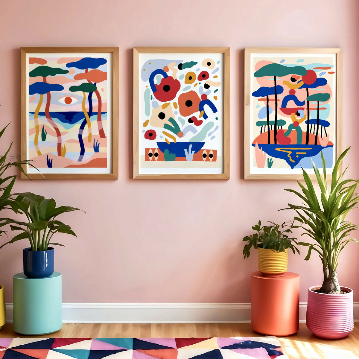 Digraphie encadrée multiple sur un mur: trois œuvres abstraites colorées.