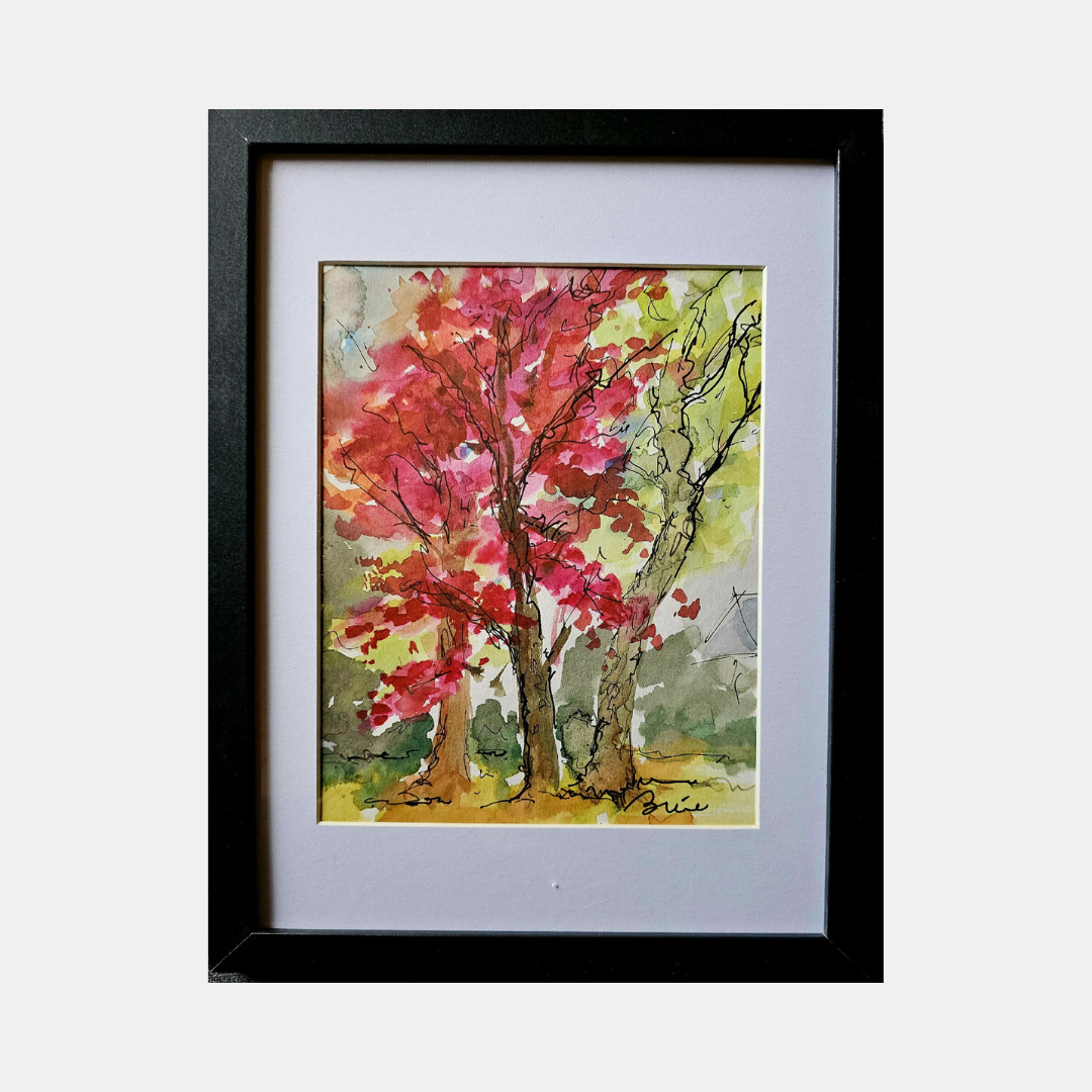 Tableau encadré : illustration aquarelle d’un arbre d’automne aux couleurs chaudes