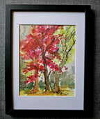 Tableau encadré aquarelle, arbre d’automne rouge et vert.