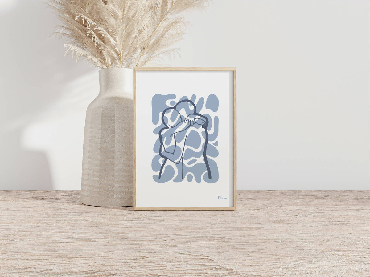Tirage A4 encadré en bois, motif abstrait bleu avec formes superposées