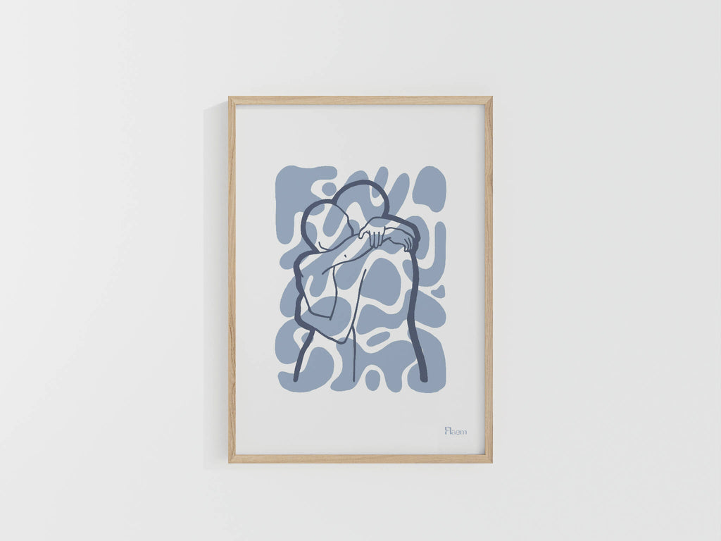 Tirage A4 encadré en bois, motif abstrait bleu de personnages stylisés