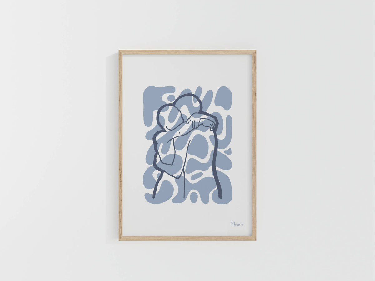 Tirage A4 encadré en bois, motif abstrait bleu de personnages stylisés