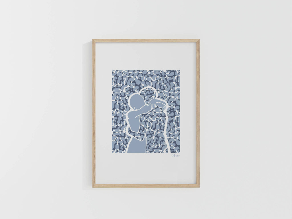 Tirage A4 encadré en bois, motif bleu à motifs répétitifs et formes centrales