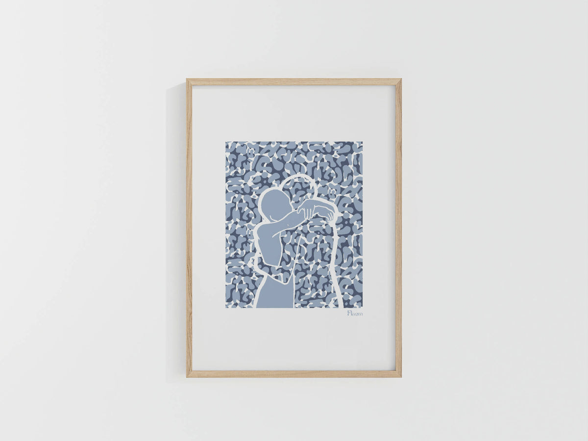 Tirage A4 encadré en bois, motif bleu à motifs répétitifs et formes centrales