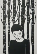 Affiche noir et blanc : portrait féminin dans une forêt de traits noirs