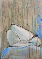 Tableau abstrait encadré, détail d’un personnage allongé, bleu et beige