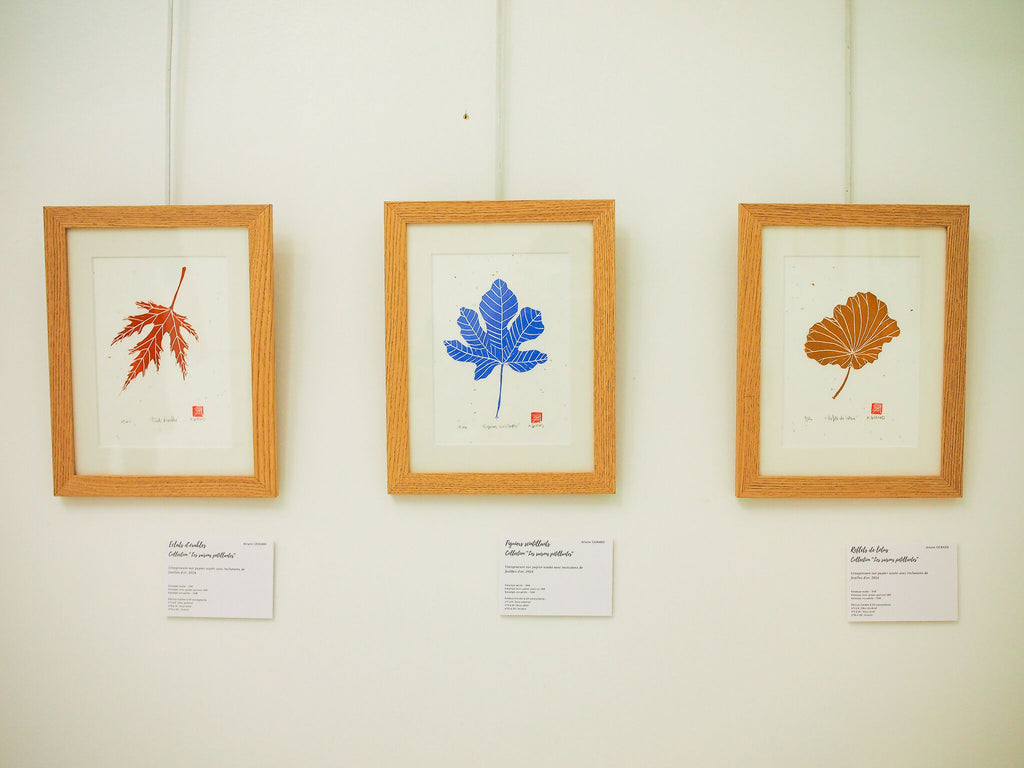 Ensemble de trois gravures sur papier washi encadrées, feuilles colorées