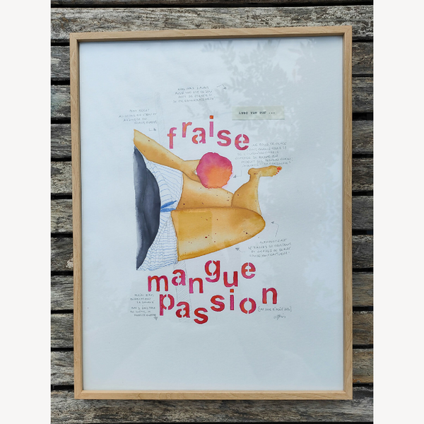 Affiche encadrée rectangulaire : femme stylisée aux bras levés et typographie « mangue passion »