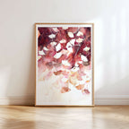 Aquarelle originale de ginkgo d’automne en couleurs rouge et blanc, encadrée.