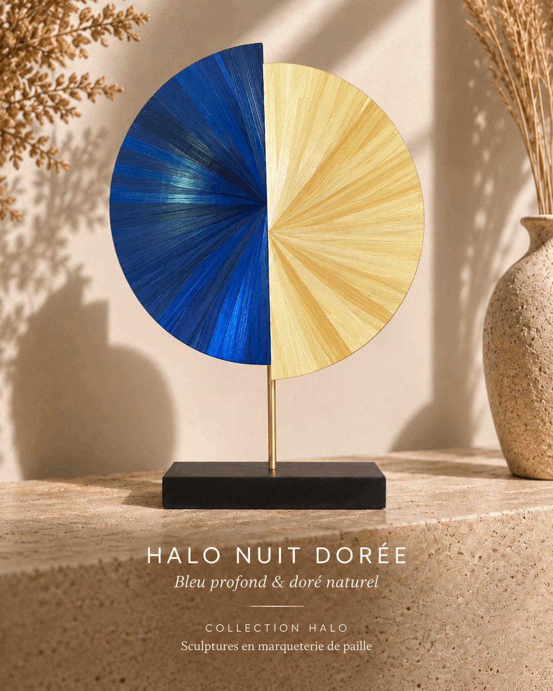 HALO Nuit dorée — Sculpture en marqueterie de paille Ø30 cm
