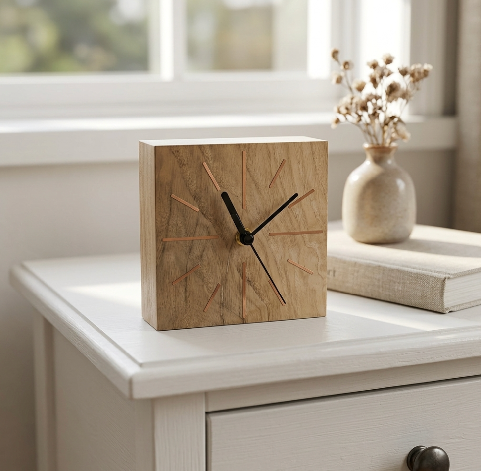 Horloge de bureau carrée en chêne clair, sur support, aiguilles noires et repères colorés.