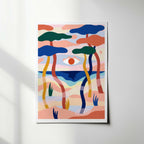 Illustration encadrée sur papier crème, formes organiques bleu, vert et corail.
